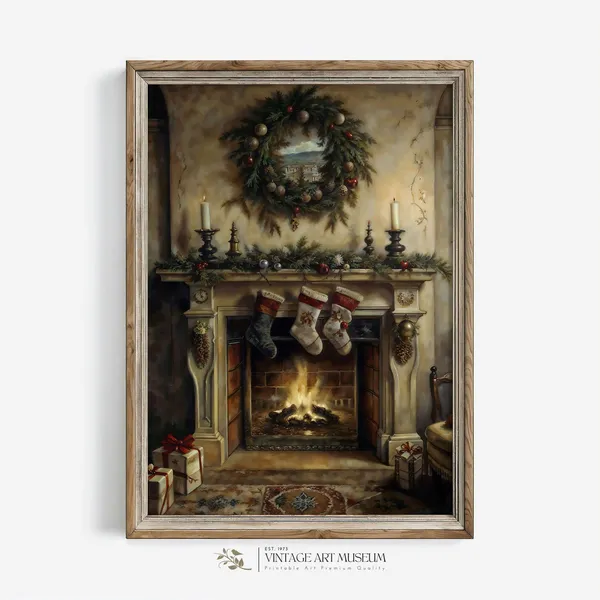 Fireplace Christmas Interior, Vintage Holiday Art Print
