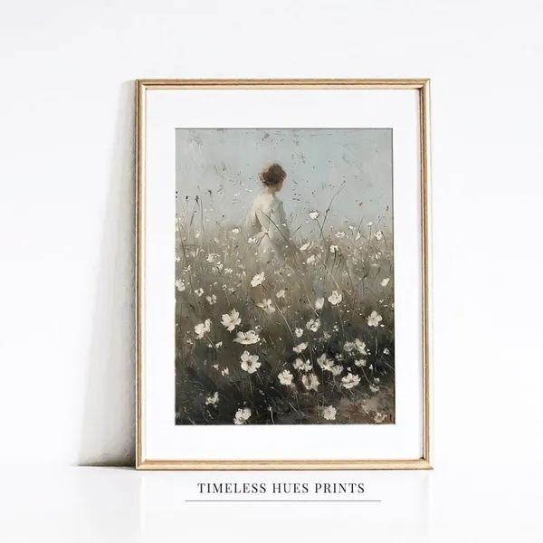 Vintage Woman in Floral Meadow, Oil Painting Art Print
