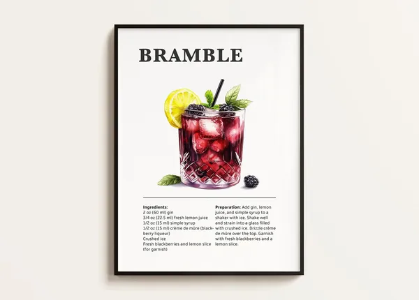 Bramble Cocktail Poster Recipe, Bar Kitchen Art