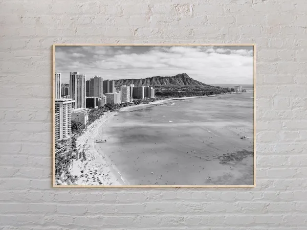 Black and White Waikiki Travel Poster, Hawaii