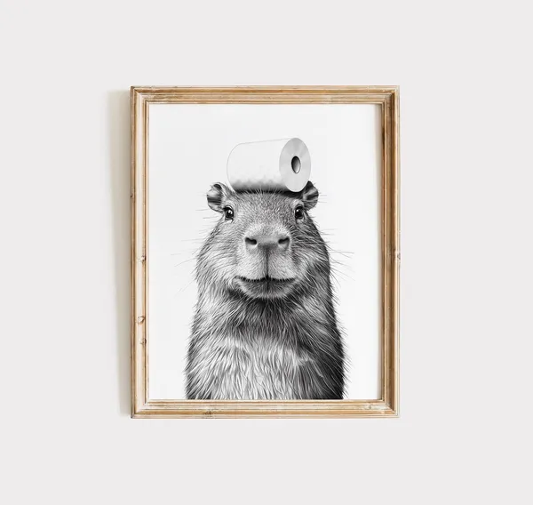 Capybara Animal Bathroom Poster, Black and White Art Print