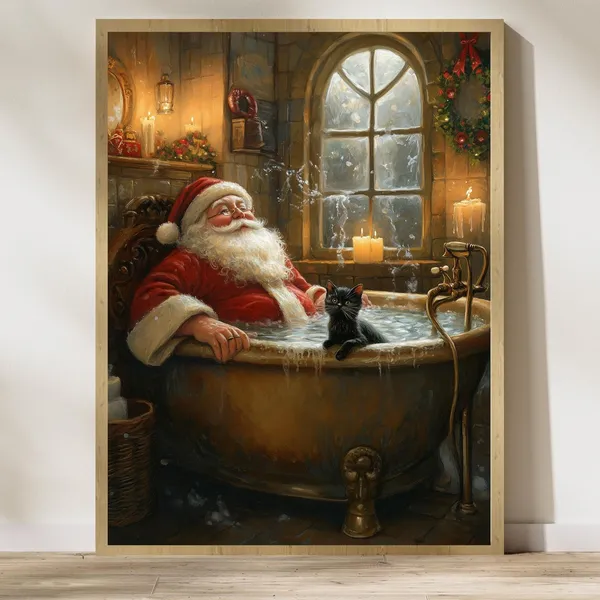 Santa Claus and Black Cat, Maximalist Christmas Art Print
