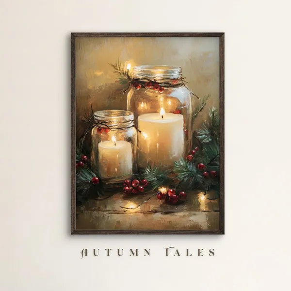 Mason Jar Candle With Holly Christmas Art Print