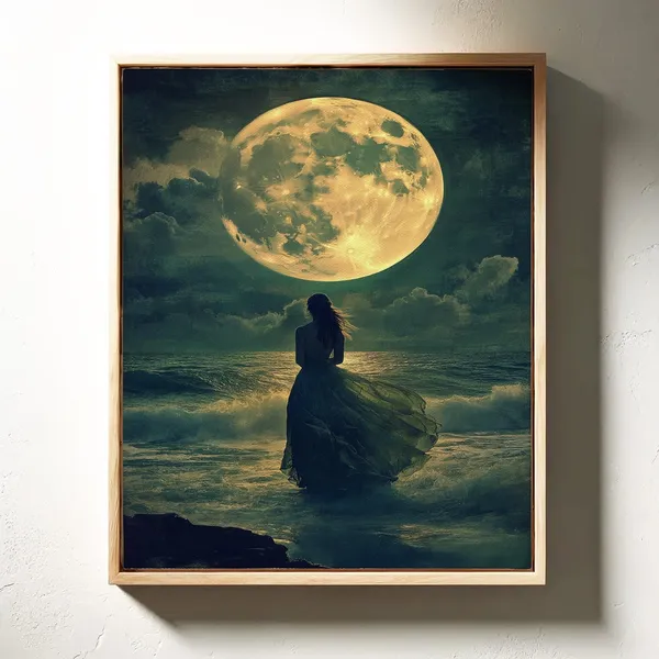 Full Moon Ocean Woman in Flowing Dress Art Print