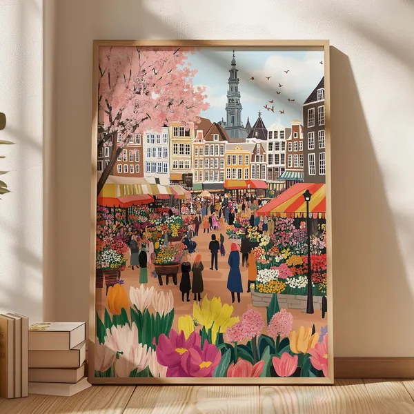 Flower Market Amsterdam Watercolor Travel Poster
