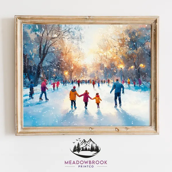 Families Ice Skating in a Winter Park, Vintage Christmas