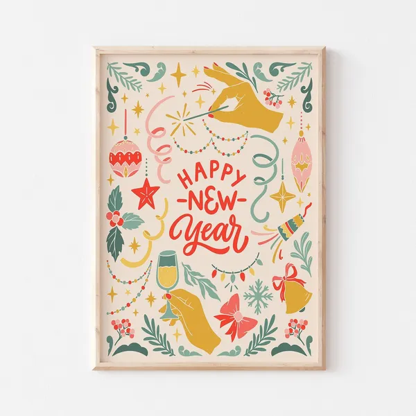 Retro New Year 2024 Art Print, Vintage Winter Decor