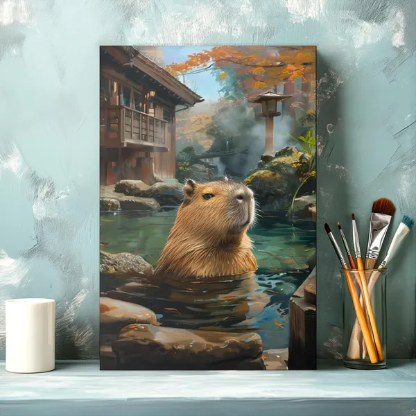 Japanese Hot Spring Capybara, Funny Onsen Art Print