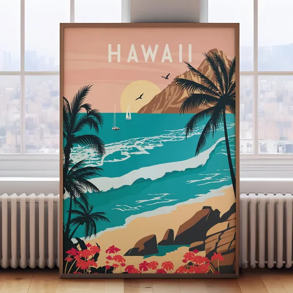 Retro Hawaii Travel Poster, USA Travel Room Art