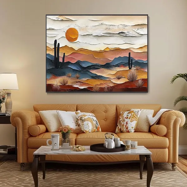 Desert Cactus and Wildflower Sunset Oil Painting Art Print