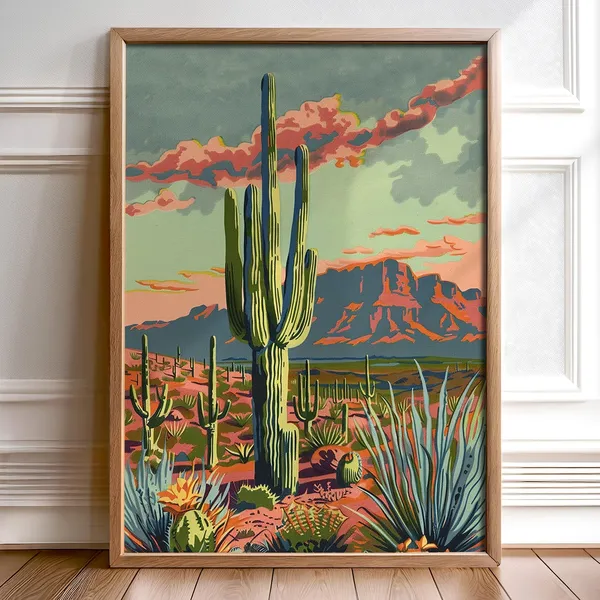 Desert Scene Art Print, Vintage Southwestern Cactus