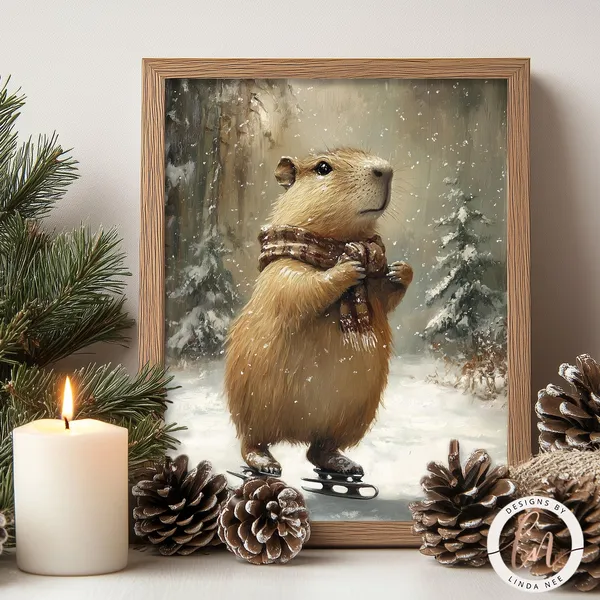 Capybara Cute Winter Woodland Animals Art Print