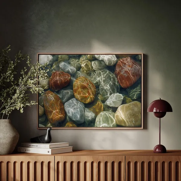 Tranquil Riverbed Stones, Nature Inspired Art Print