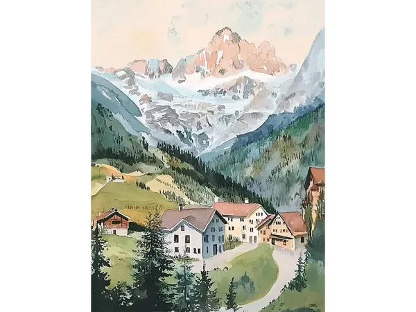 Swiss Alps Watercolor Art Print, Grindelwald Landscape