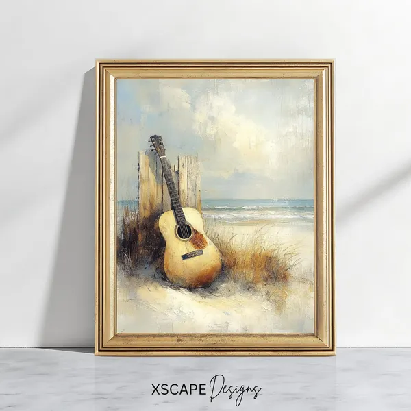 Vintage Beach Guitar Coastal Acoustic Art Print
