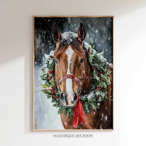 Christmas Horse Drawings, Cottagecore Holiday Art Print