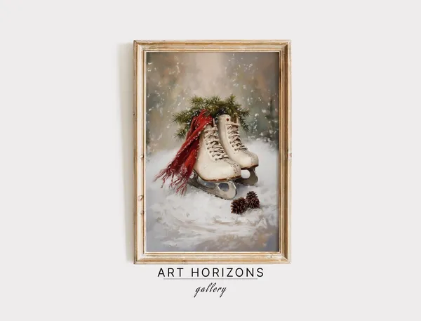 Christmas Ice Skates Vintage Neutral Winter Art Print