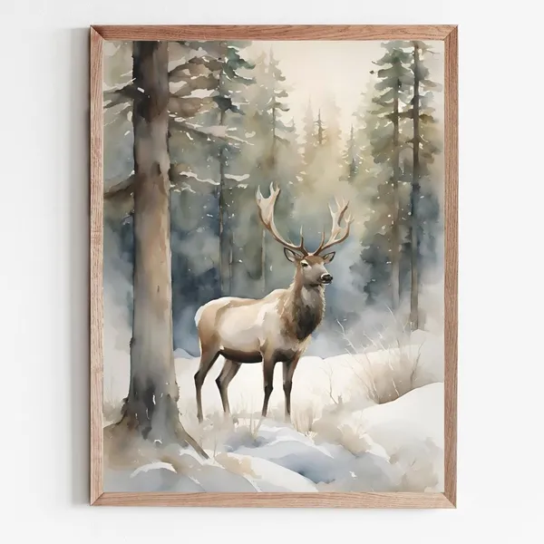 Deer Painting Winter Landscape Watercolor Art Print