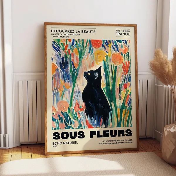 Black Cat and Colorful Flowers, Parc Monceau Art Print