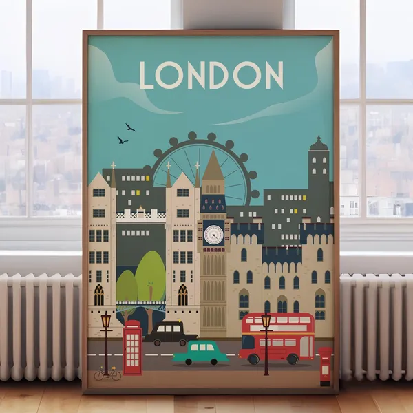 Retro London Travel Poster, Vintage Wall Art Print