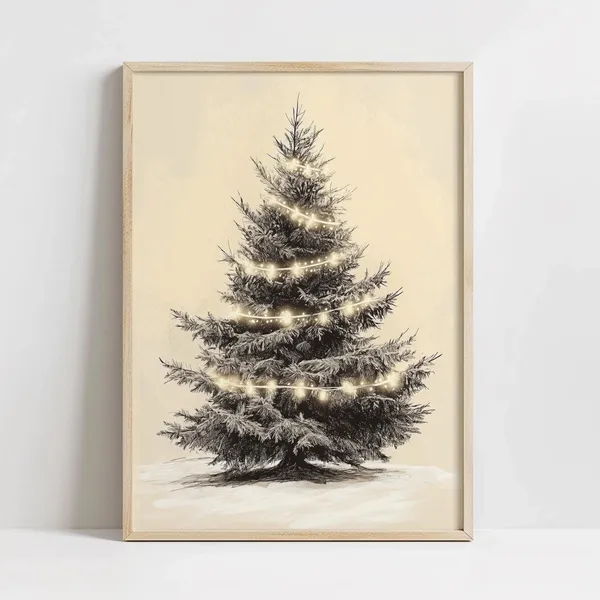 Vintage Rustic Christmas Tree Art Print, Farmhouse Holiday