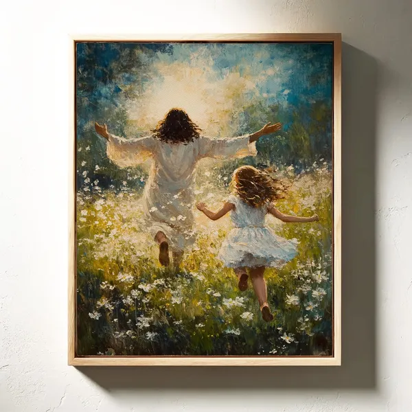 Jesus And Child Running in a Meadow, Christian Art Print