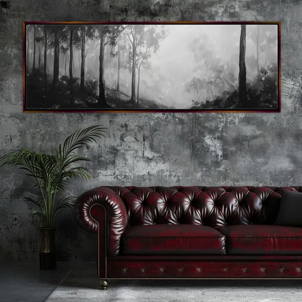 Foggy Forest Panorama, Black and White Art Print