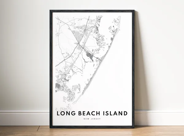 Long Beach Island NJ Map Print, Black And White