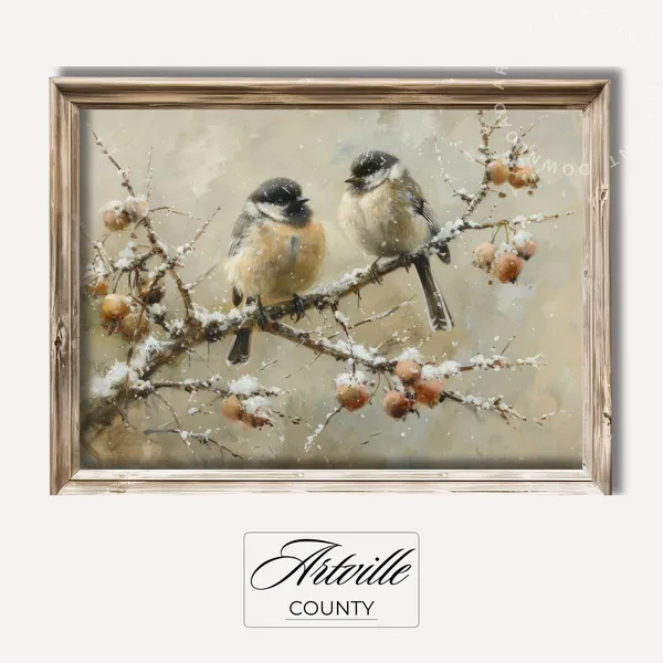 Birds Winter Vintage Oil Painting Christmas Wall Art
