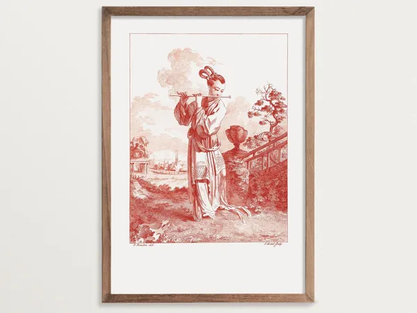 Chinoiserie Woman Playing Flute, Vintage Art Print