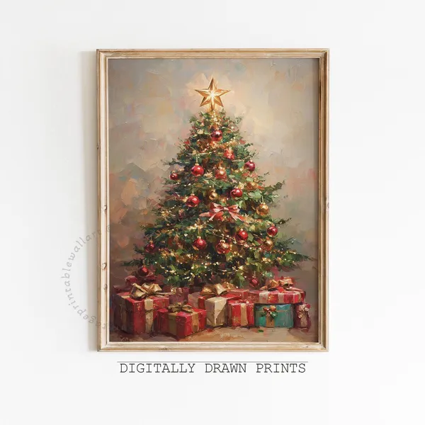 Vintage Christmas Tree Art Print, Neutral Holiday