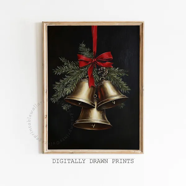 Vintage Christmas Bells Holiday Botanical Art Print