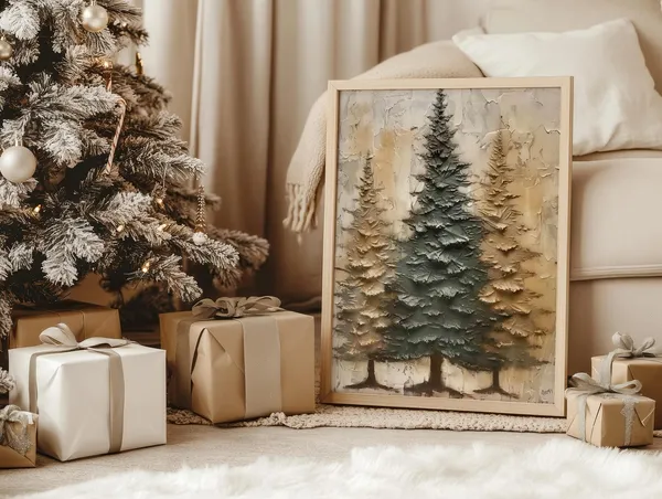 Vintage Winter Pine Forest, Rustic Christmas Art Print