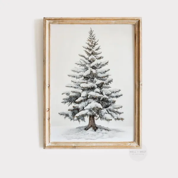 Winter Forest Art Print, Neutral Vintage Holiday