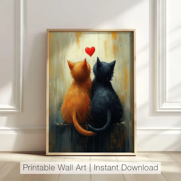 Romantic Cat Couple Art Print, Cute Valentine Decor