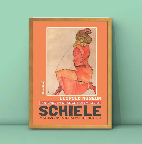 Egon Schiele Kneeling Female in Orange Red Dress Art Print