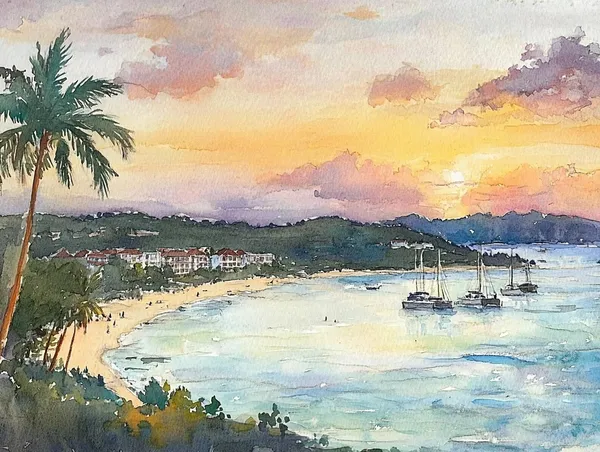 Cruz Bay Watercolor Art Print, Saint John Seascape