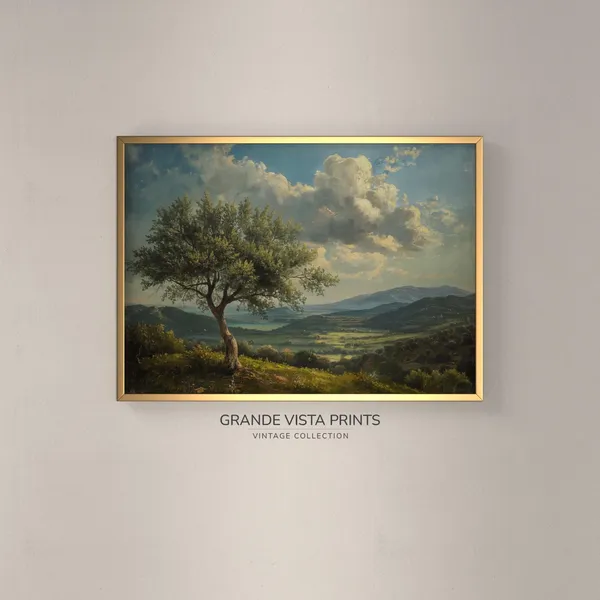 Hilltop Olive Tree Landscape Painting, Art Print