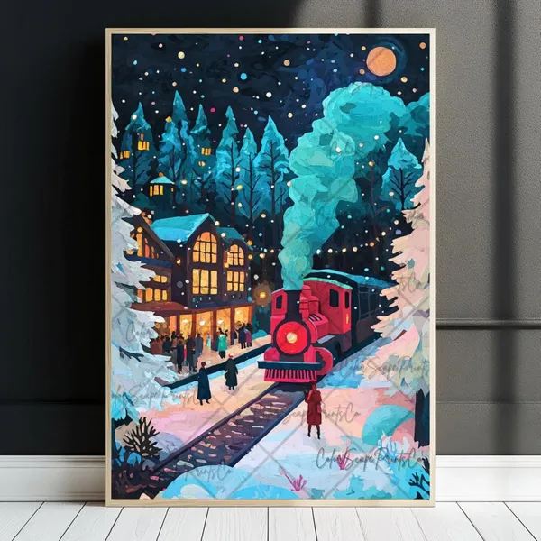 Christmas Train Holiday Poster, Snowy Railroad Print
