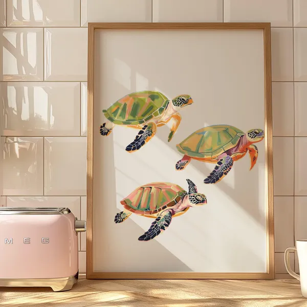 Watercolor Sea Turtle Coastal Art Print, Beachy Style