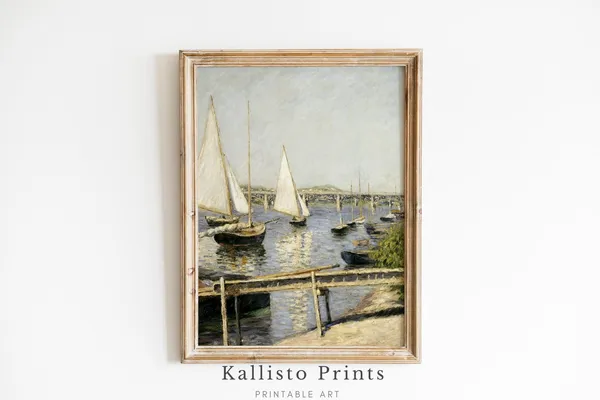 Vintage Sailboat Harbor Art Print, Coastal Decor