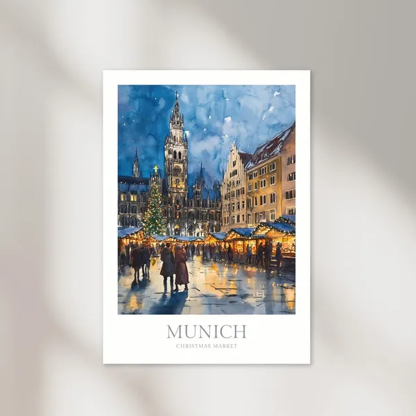 Munich Christmas Market Watercolor Poster, Holiday Art Print