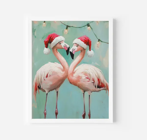 Christmas Flamingo Art Print, Tropical Holiday Bird
