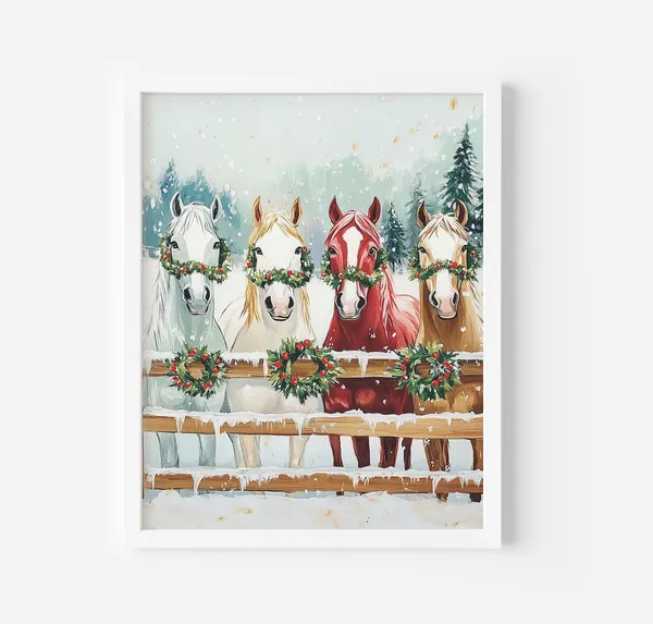 Christmas Horse Art Print, Holiday Farmhouse Decor