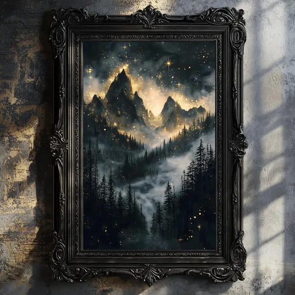 Moody Celestial Night Sky, Pine Forest Art Print