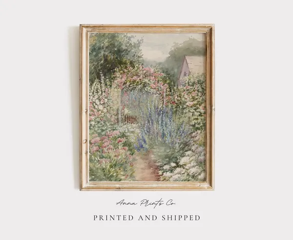 Flower Garden Vintage Watercolor Art Print, Cottagecore