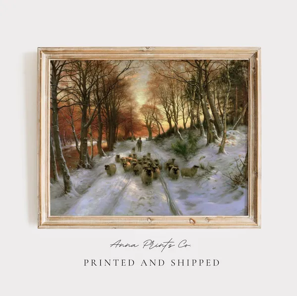 Vintage Sheep in a Winter Landscape, Seasonal Art Print