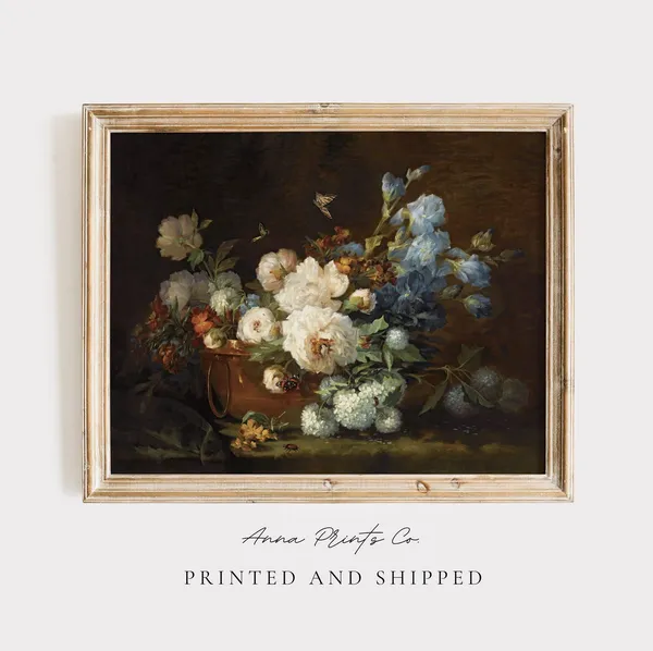 Vintage Still Life With Flowers, Dark Academia Art Print