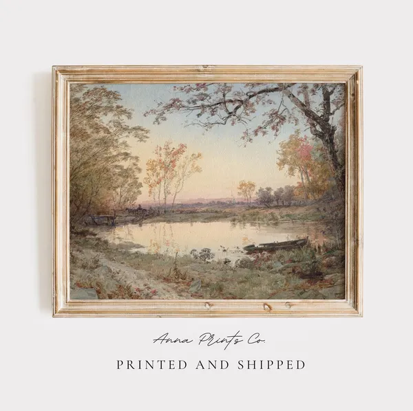 Antique Pond in Autumn Landscape, Vintage Art Print