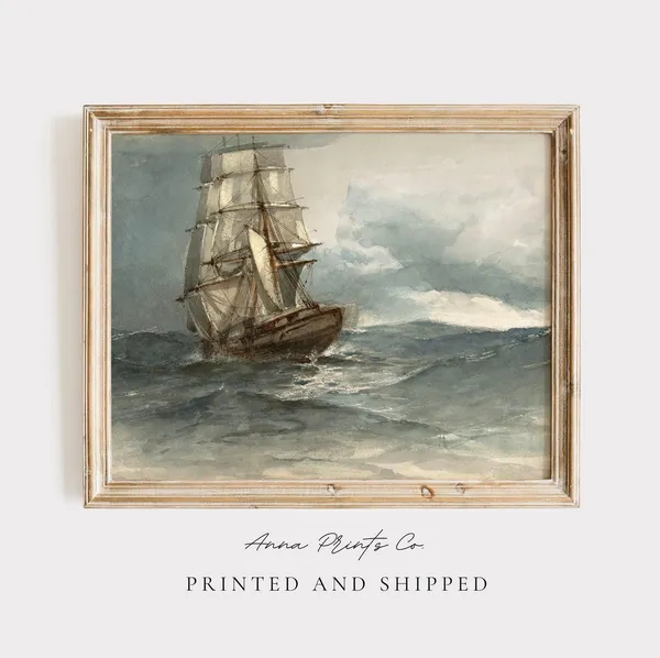 Antique Ship at Sea, Vintage Nautical Art Print